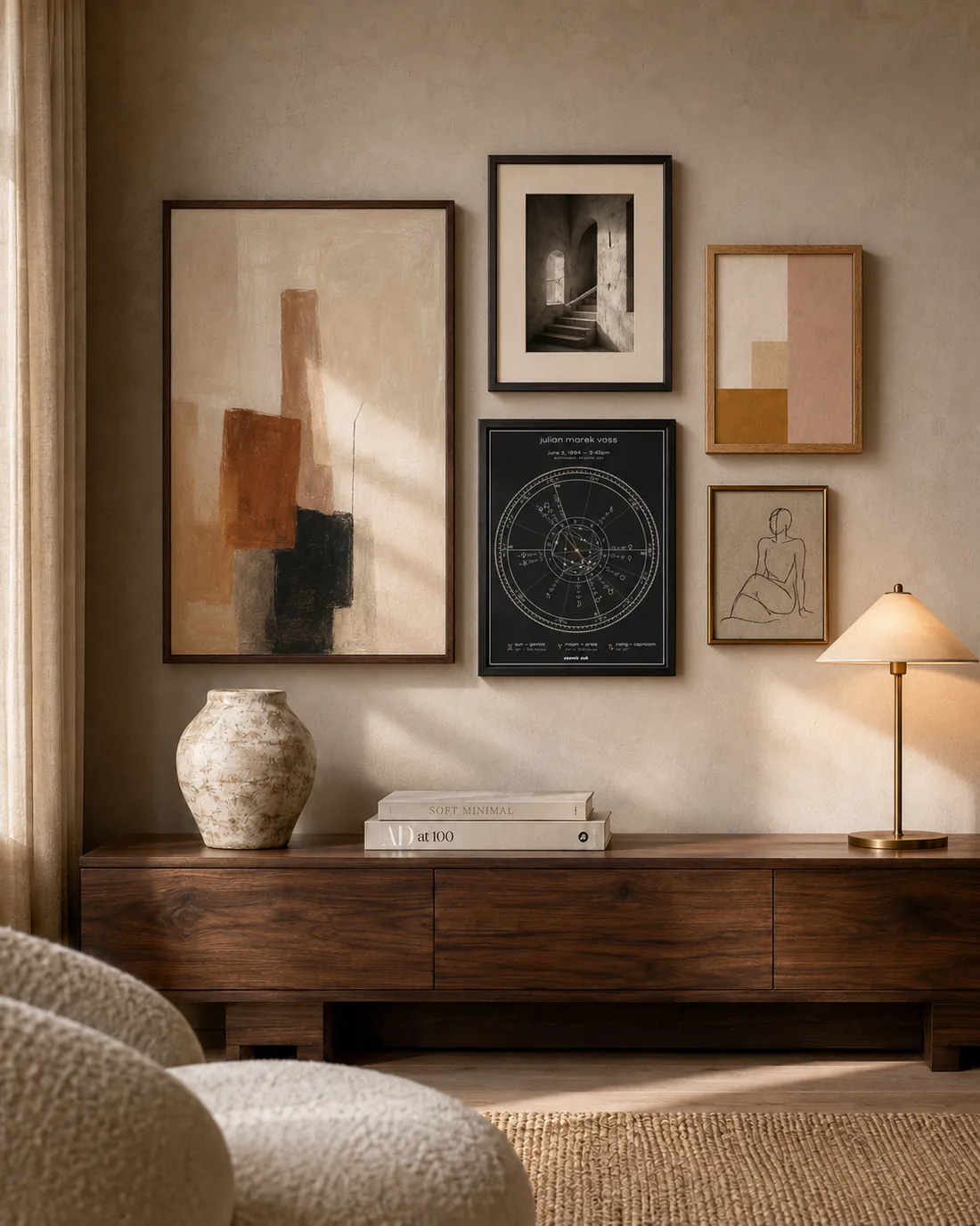 A black adult birth chart print hanging on a gallery wall.