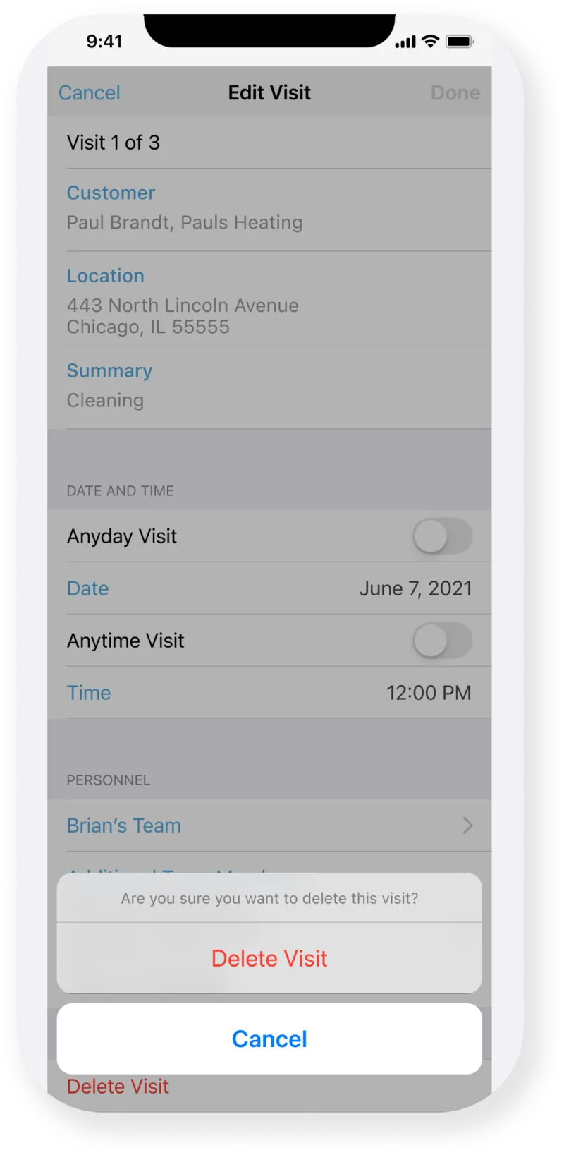 Deleting a visit.