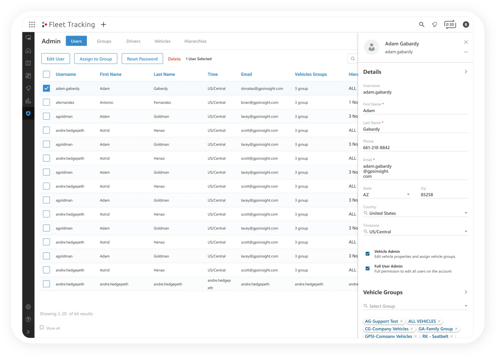 The new admin screen, a searchable table with a drawer for editing on the right.