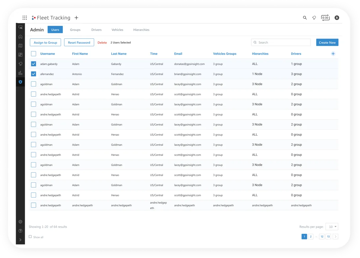 The admin table with several users selected for a batch action.