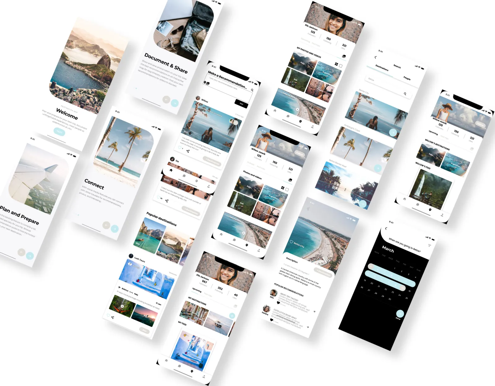 The Destination app across several phone screens.