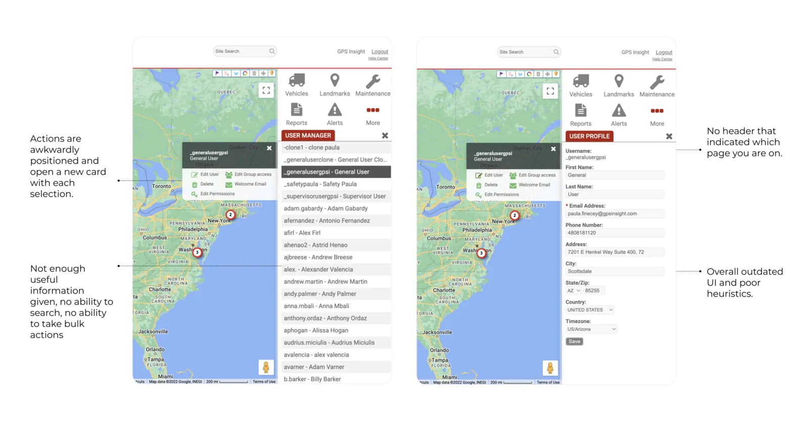Annotated screenshots of the legacy admin flow, marking where users lose their place.