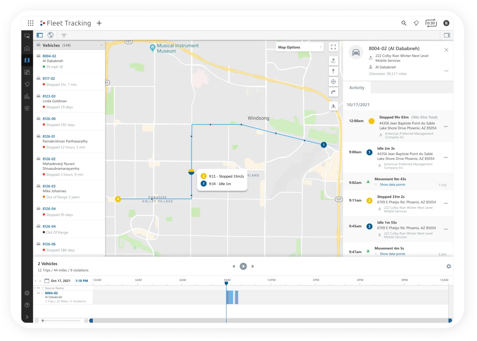 The new activity feed, numbered events matched to pins on the map with a timeline below.