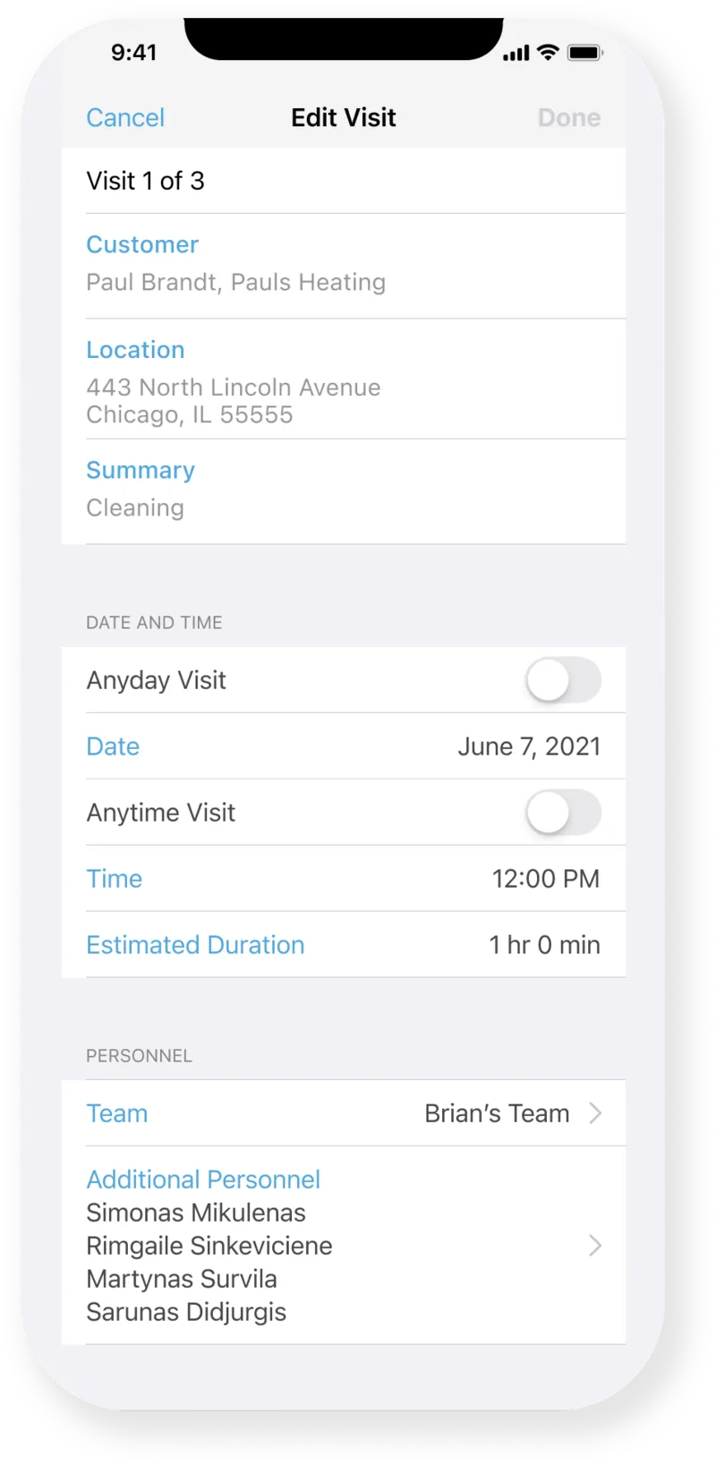 Editing visit details.