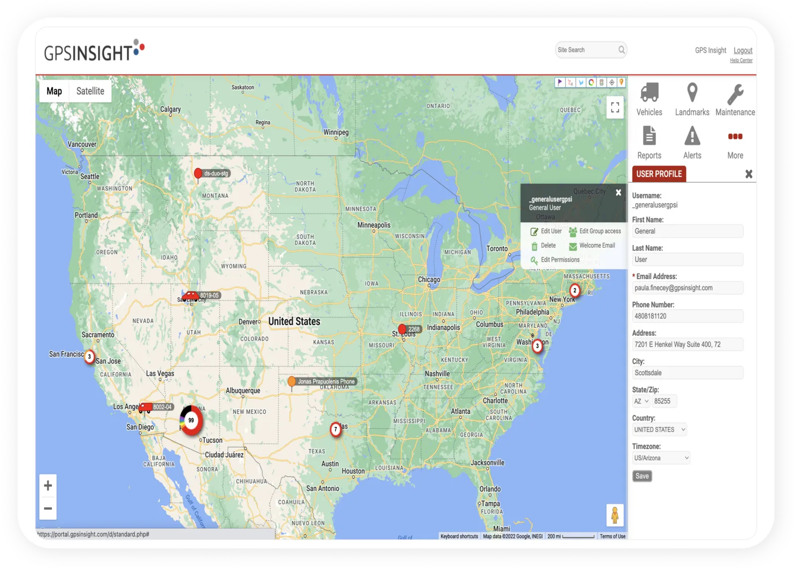 The legacy admin screen, a map with a narrow card of user details on the right.