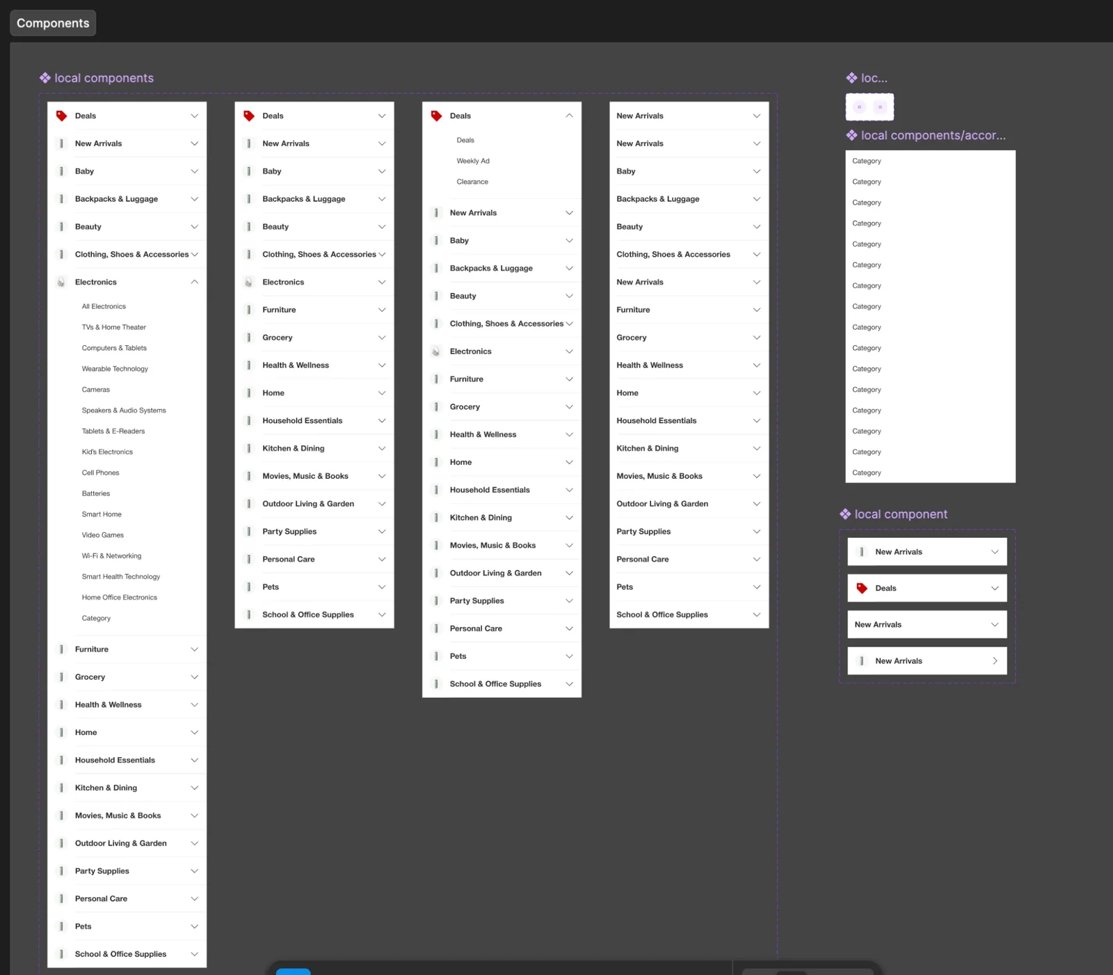 Figma components for the category rows and accordions, collapsed and expanded.